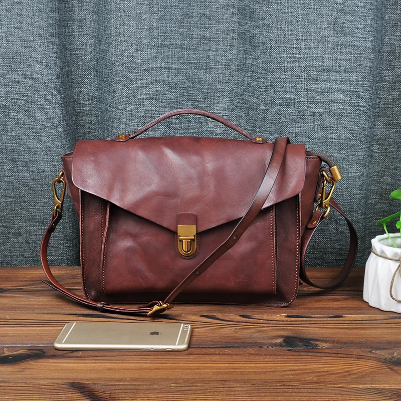 cheap Vegetable Tanned Leather Design Handmade Retro Trend Girl Literary Hangbag Luxury Real Leather Small Tote Shoulder Bag For Women