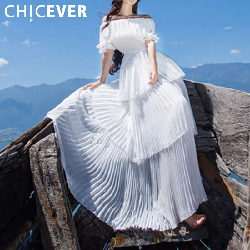

CHICEVER Sexy Off Shoulder Female Beach Dress Women Tunic 2017 Slash Neck Pleated Split Ladies Party Dreses Women's Clothing