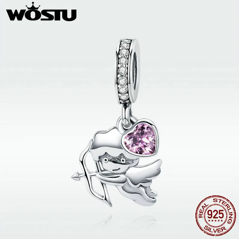 

WOSTU Real Sterling Silver The Cupid Heart Love Dangle Charms fit Brand DIY Bracelet Pendant Jewelry Grilfriend Gift DXC903