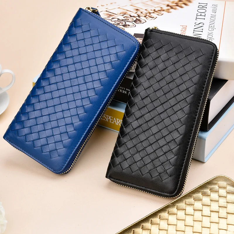 

Fashion Women Wallet Sheepskin Hand-Woven Long Female Wallet Zipper Leather Wallet Ladies Clutch Bag