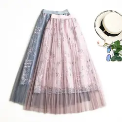 Женская милая Цветочная вышивка с высокой талией, сетчатая Женская плиссированная юбка трапециевидной формы, длинная Тюлевая