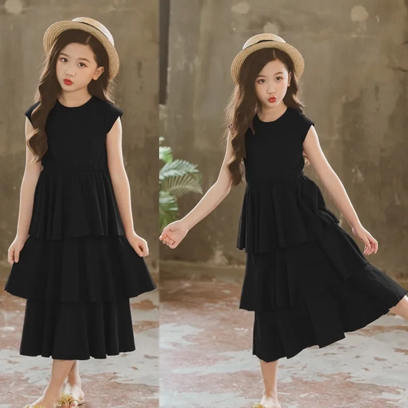 Летние платья для маленьких девочек, длинное черное платье принцессы с оборками, школьная одежда без рукавов для девочек-подростков, модная одежда для детей