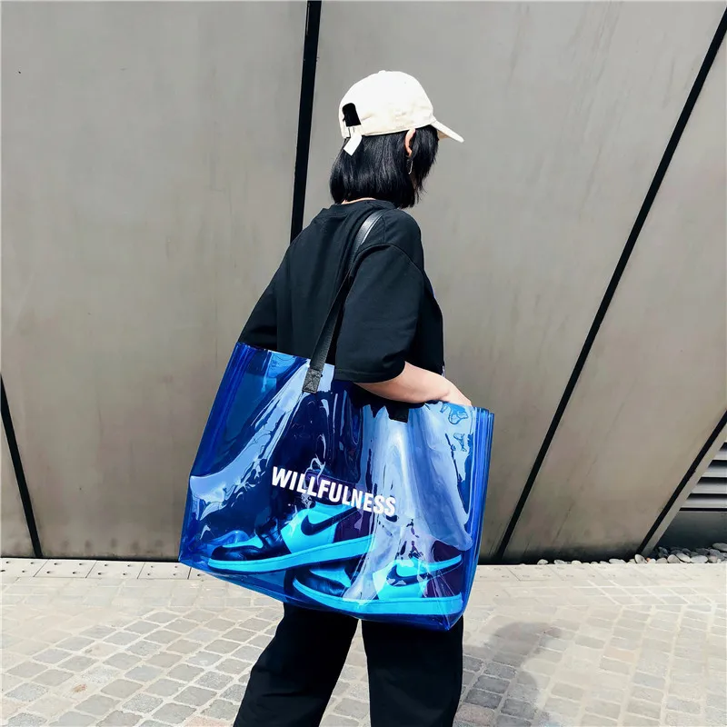 

2019 Transparent PVC Handbag Beach Shoulder Bag Women New Trend Tote Hot Sale Jelly Color Plastic Clear Bag Large Capacity OC309