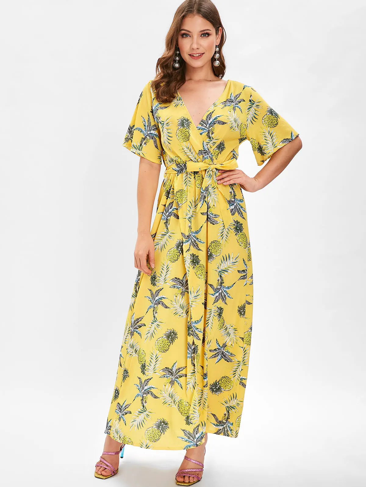 

Sovalro Women Pineapple Print Warp Maxi Long Dress Short Sleeve V-Neck Belted Bowknot Boho Dresses Casual Summer Beach Dress