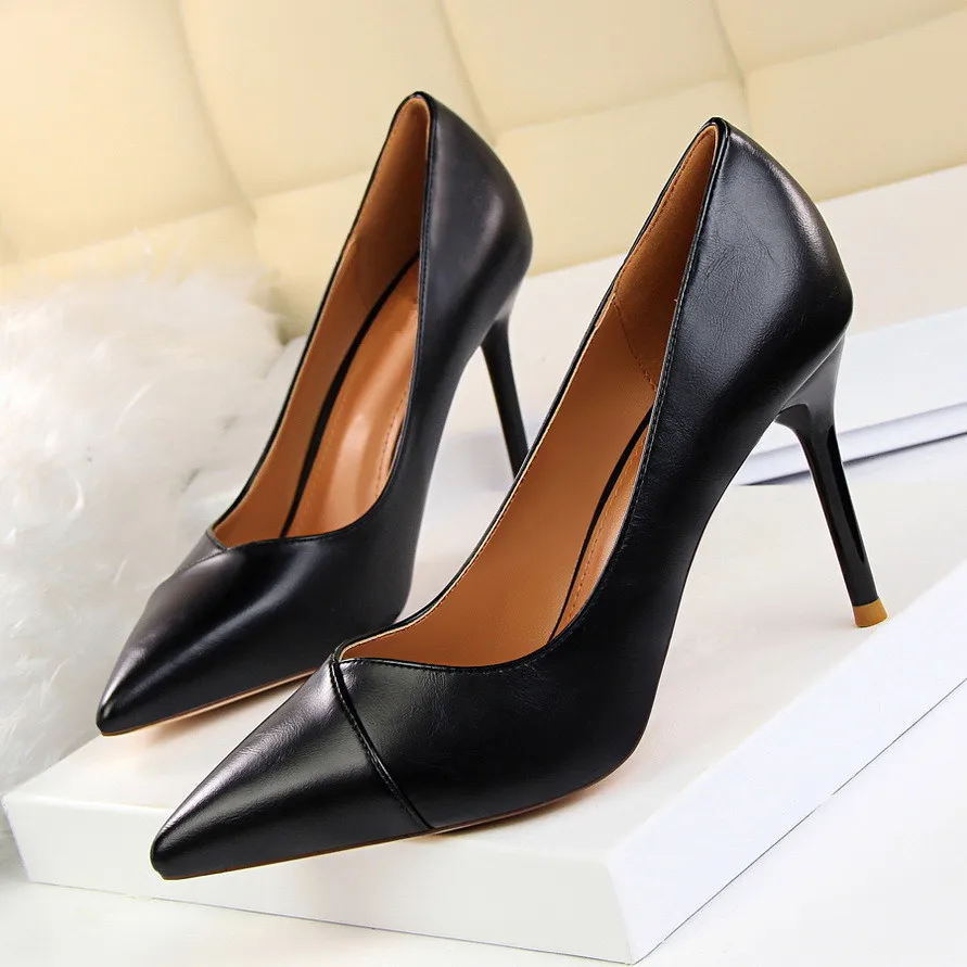 

Fashion Concise Office Career Women's Shoes Thin Heels Shallow Pointed Toe Pumps Leather Spring Autumn High Heel DS-B0120