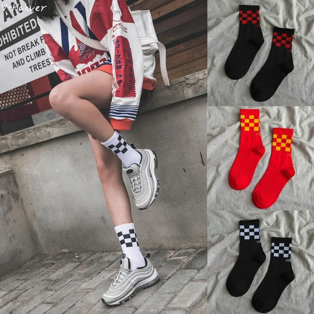

V-Hanver Socks 1Pair Unisex Women Men Harajuku Striped Over Ankle Comfortable Cotton Socks Lattices Plaid British Style Socks