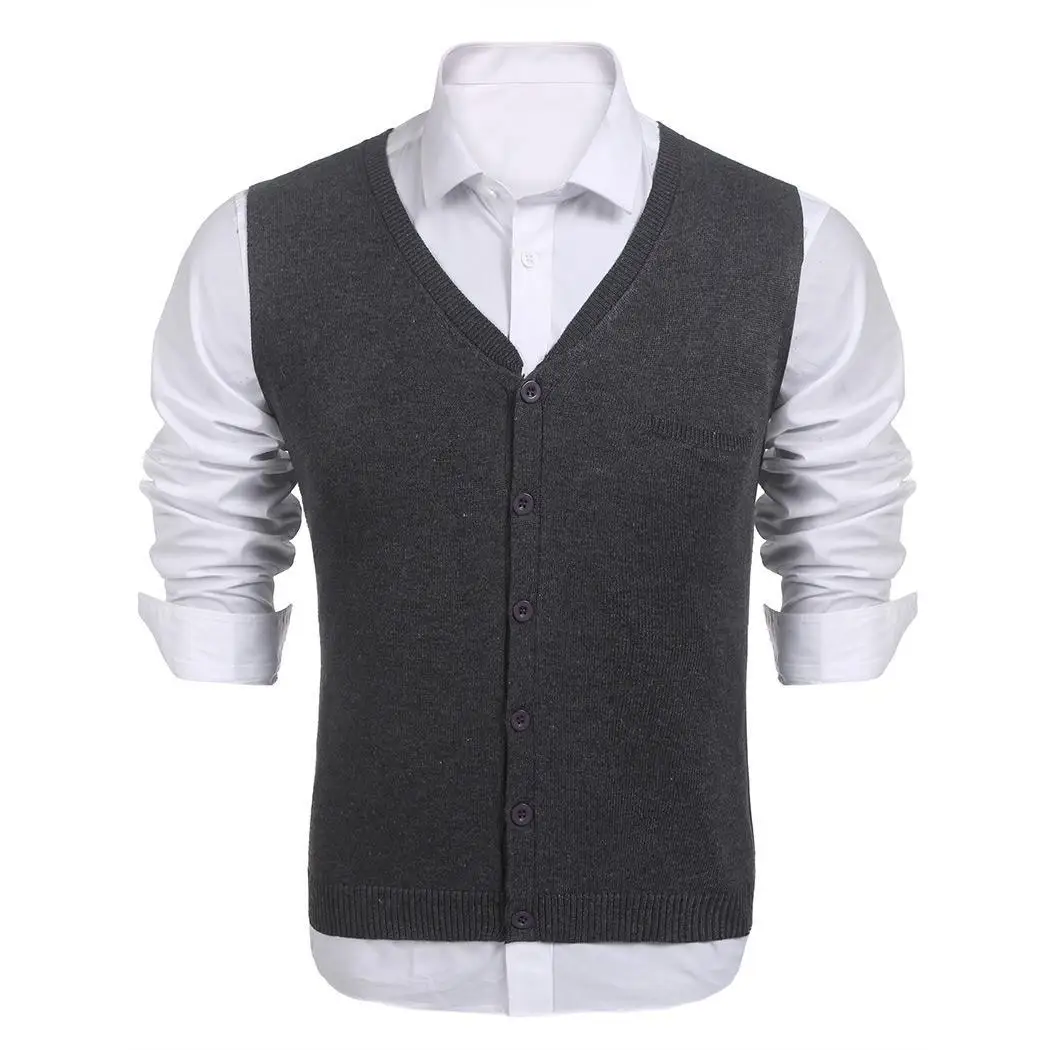 Men V Neck Button Front Solid Slim Fit Thin Sleeveless Knit Sweater Vest Casual, Work w/ Pocket