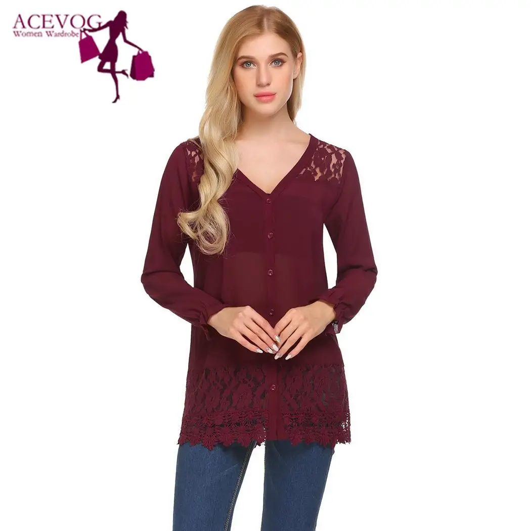 ACEVOG Women Lace T-Shirts Tops Spring Summer Casual V-Neck Long Sleeve Autumn Patchwork Elastic Ruffle Cuffs Sexy T-Shirts