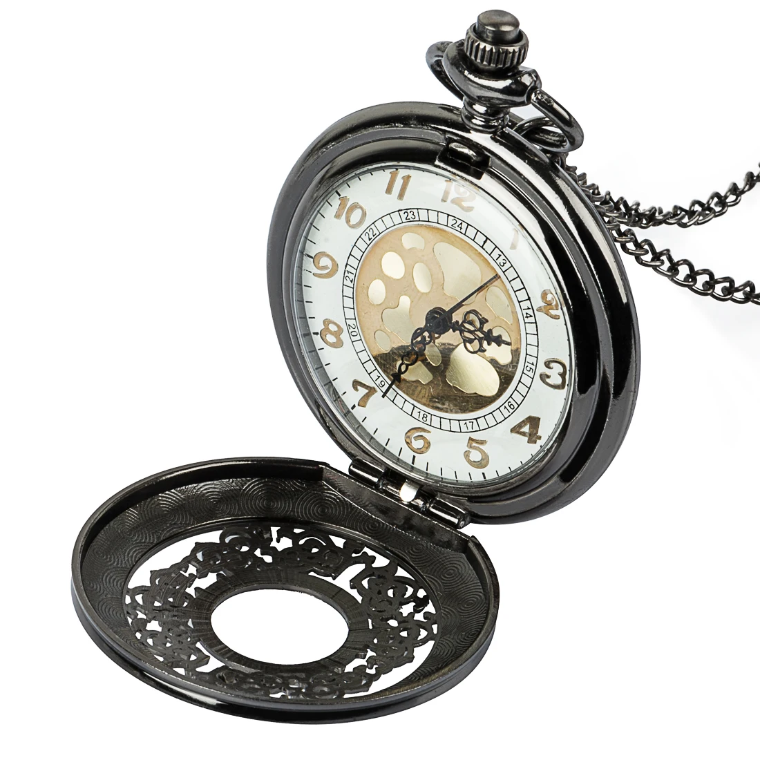 Vintage Black Roman Numerals Steampunk Quartz Necklace Chain Pocket Watch 1