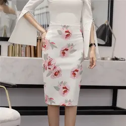 Плюс размер печати высокая талия миди юбки летние корейские женские офисные OL Женская юбка-карандаш винтажная Цветочная тонкая юбка с