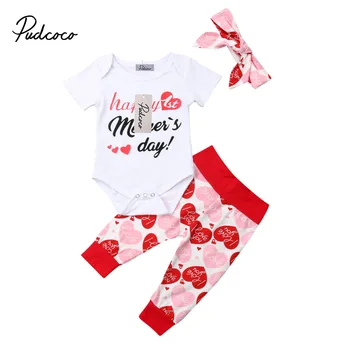 

1st Mother's Day pudcoco 2019 Baby Girl Clothes Bodysuit Newborn For Kids Costume Children Toddler Tiny Cottons 3Pcs Romper+Pant