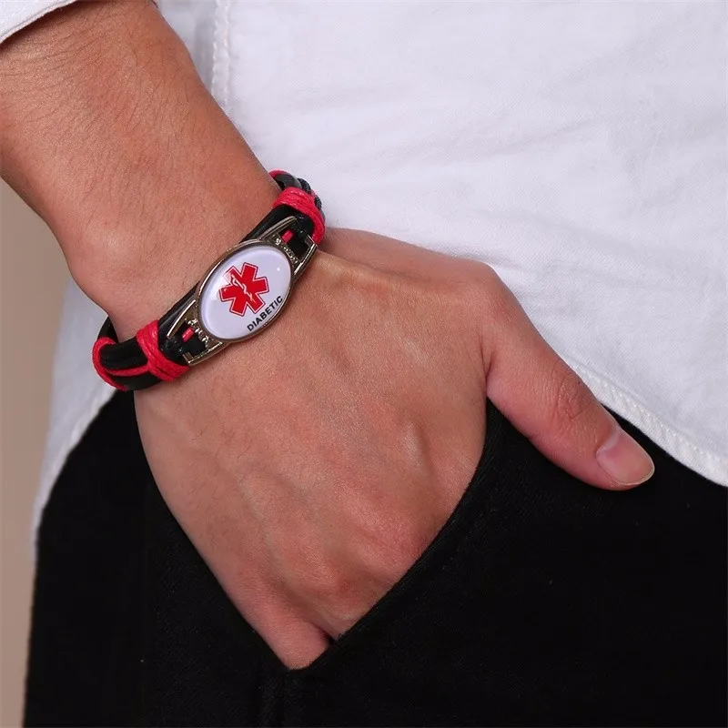 

Vnox Sporty DIABETIC Medical Alert ID Bracelets for Men Layered Leather Bangle Adjustable Length Daily Male Wrist Band