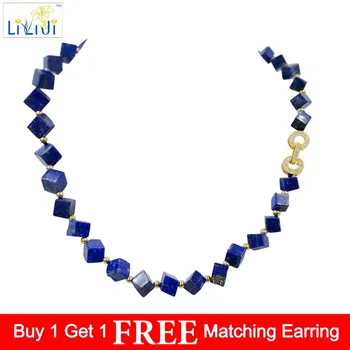 

Lii Ji Unique Natural Stone Blue Lapis Lazuli 6-9mm cube shape Crystal Copper Clasp Necklace 18''/45cm for Women Nice Gift
