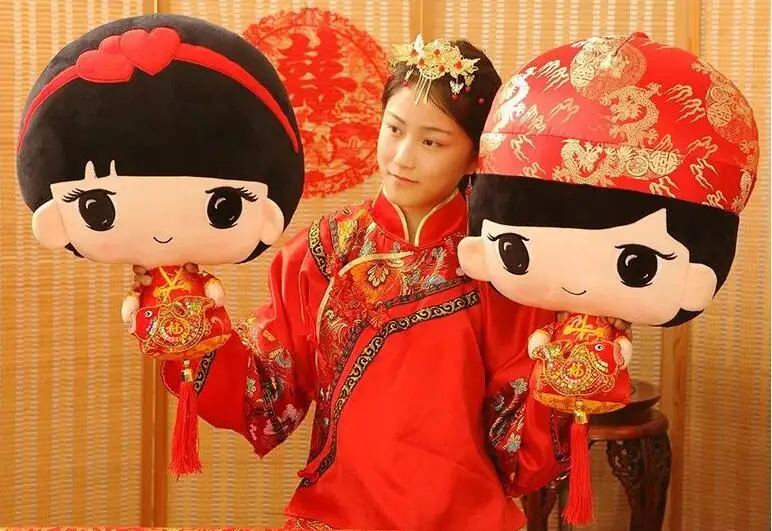 

1 Pair Wedding Doll Gift Bride And Groom Marriage Gift Chinese Red Plush Toy Doll 50CM Free Shipping R-04