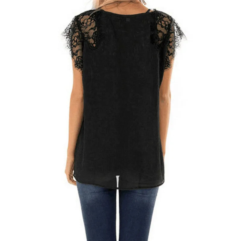Fashion Ladies Lace Stitching Solid Color Elegant T-Shirt V-Neck High Waist Hollow Crease Comfortable Chiffon T-Shirt Sizes S-XL