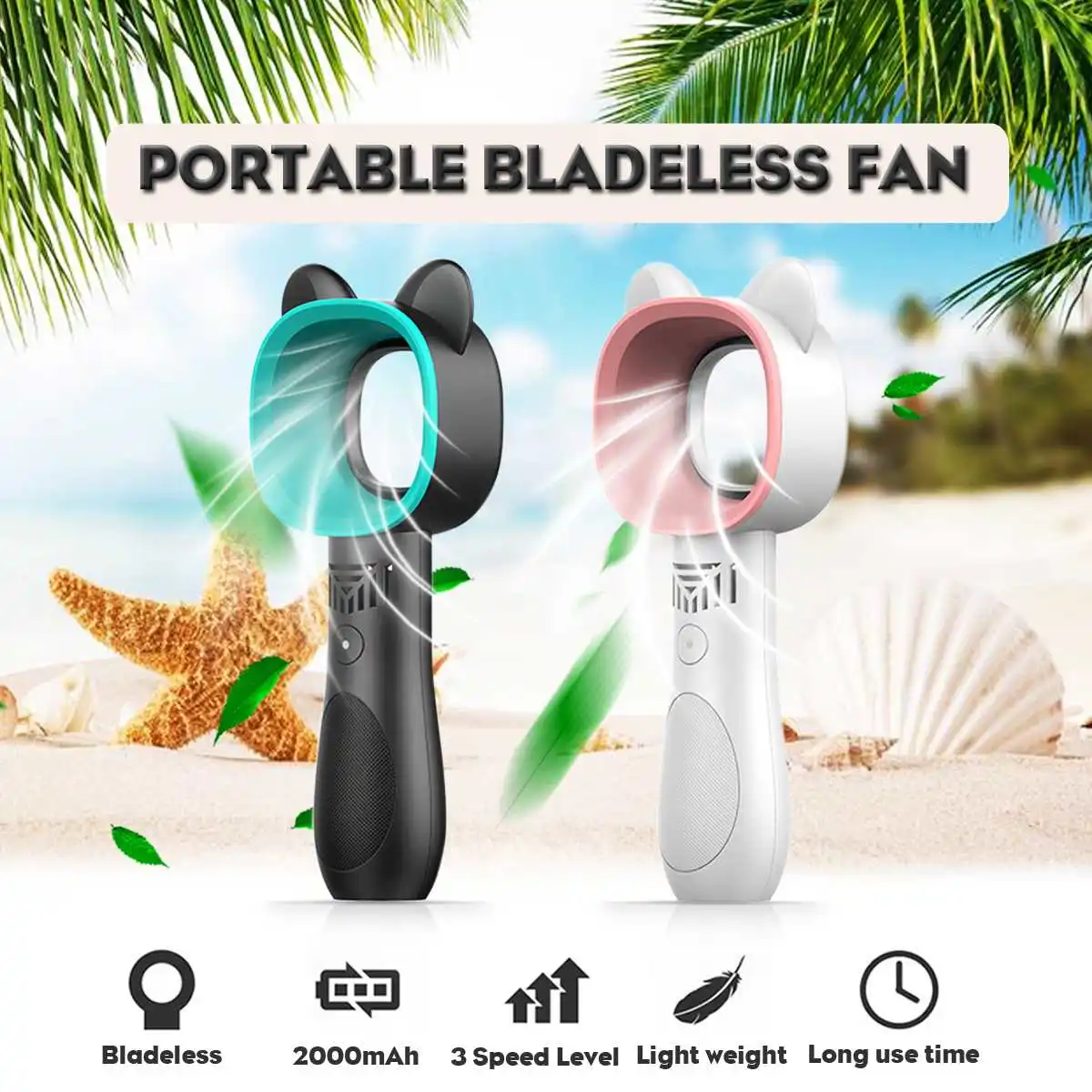 

Bladeless Fan Outdoor Cartoon Mini Handheld Portable With Base Foundation Standing On Table USB rechargeable 3 Fan Speed Level