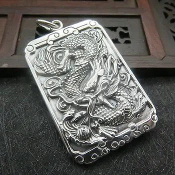 

73.Real S925 Sterling Silver Women Men Lucky Dragon Square Pendant 62x34mm