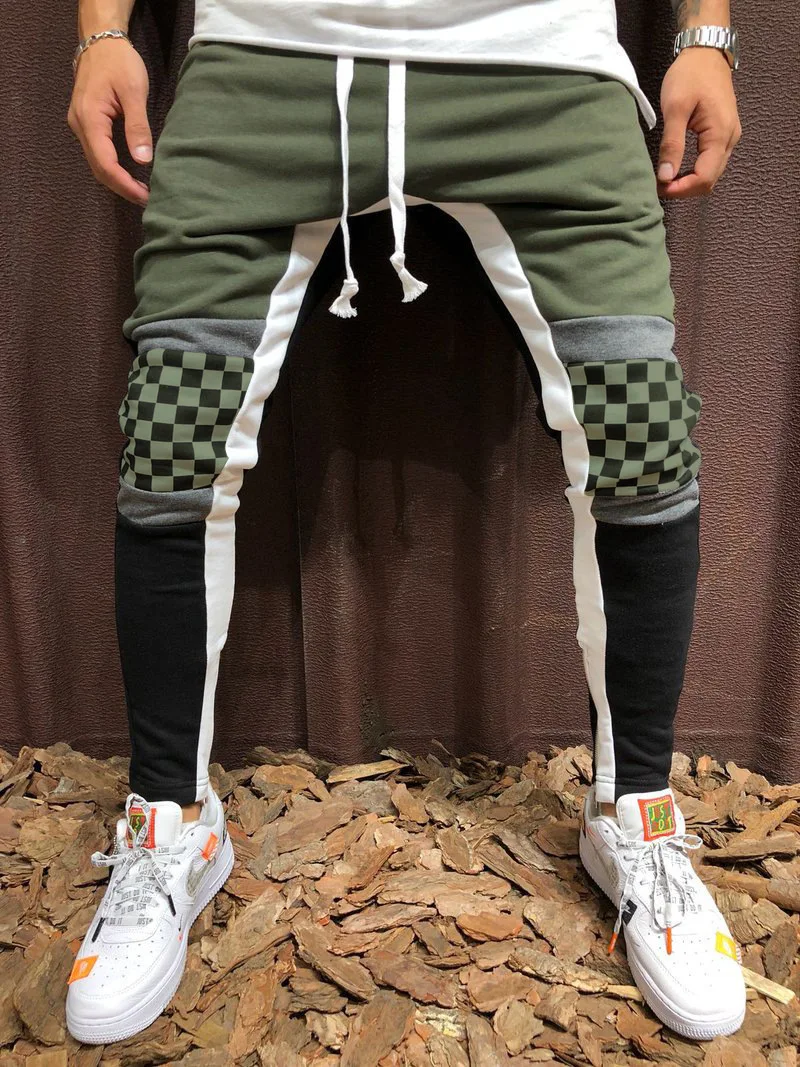 Men's Skinny Patchwork Pants Hiphop Sweatpants Yellow Track Drawstring Joggers Trousers Causal Male Side Stripe Plaid Trackpants