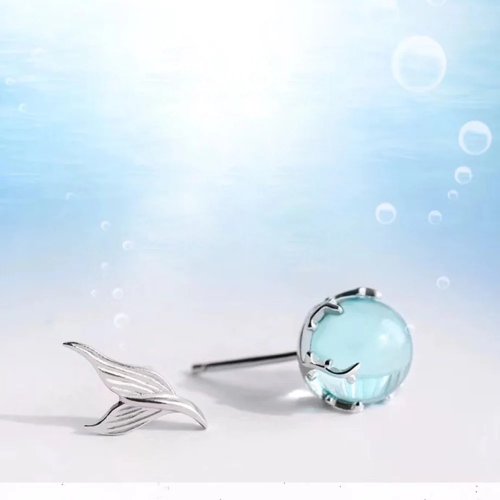 

925 Sterling Silver Blue The heart of the ocean blue Earrings Jewelry Delicate Tail of fish Earrings Studs simple fashion