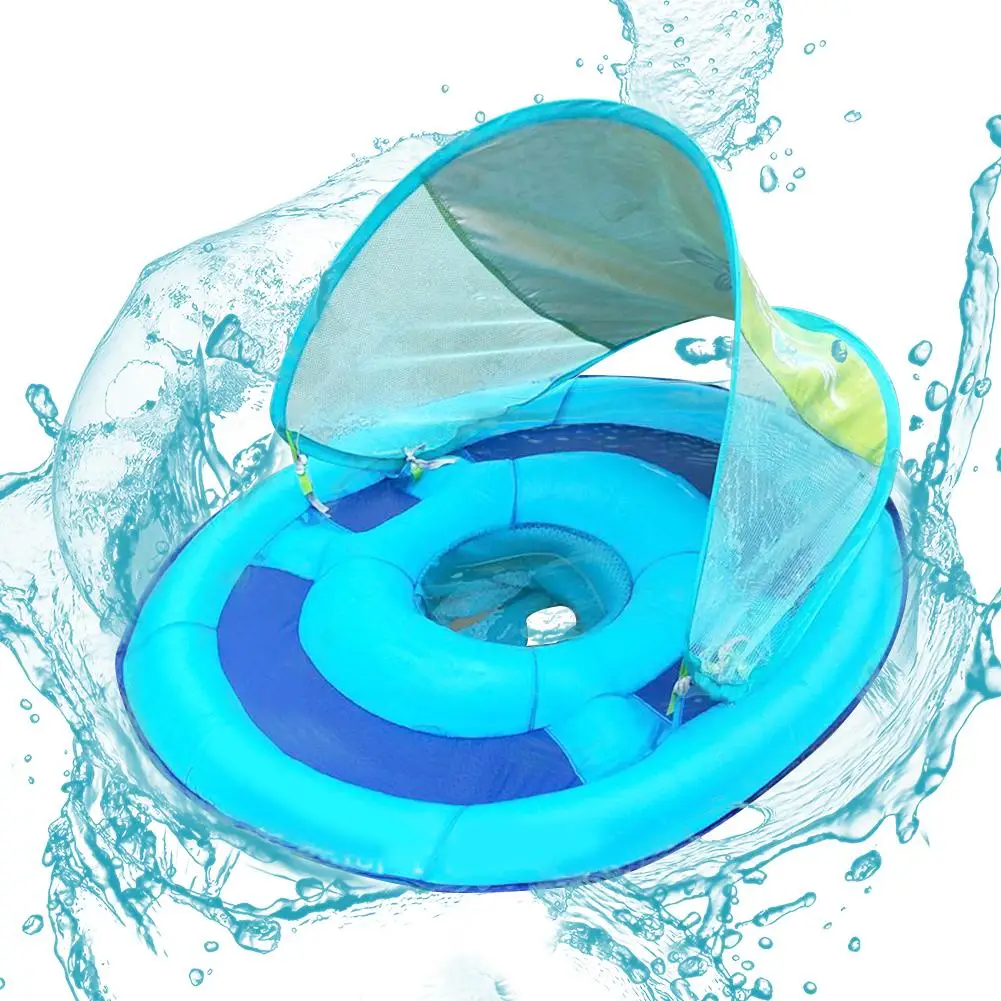 

Inflatable Baby Swimming Seat With Awning Children's Swimming Ring Mesh With Bottom Pocket
