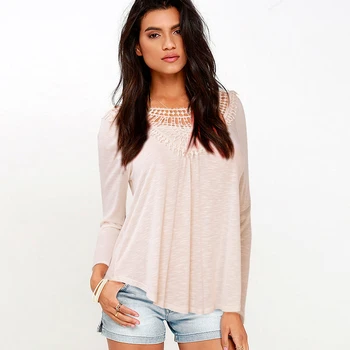

Women Lace Long Sleeve solid cotton Shirt Blouse women Casual Plain Pocket Ladies Tops shirt