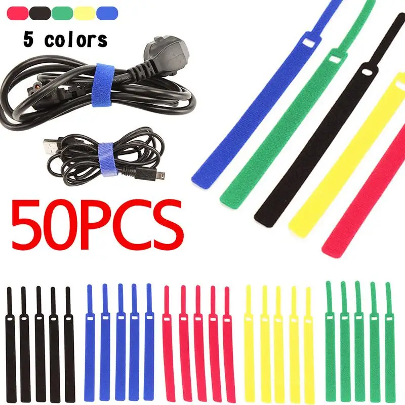 

50pcs Colorful Self-Gripping Adhesive Fastener Sticky Reusable Magic Tape Hook Power Wire Loop Tape Nylon StrapsN Bind Bundle