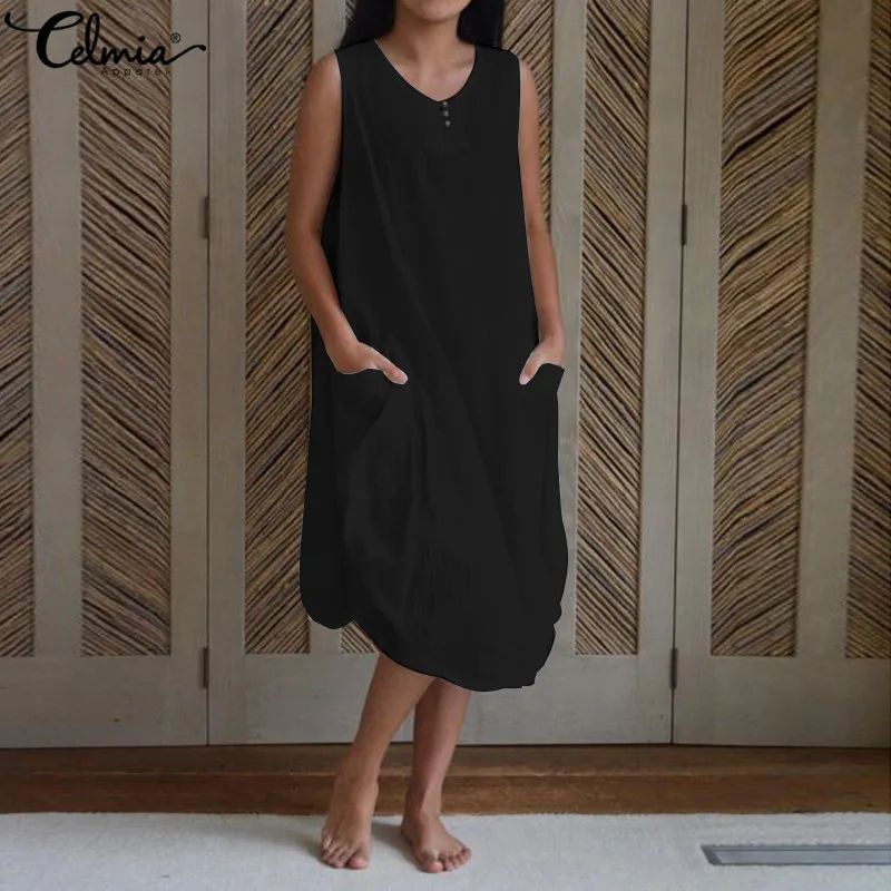 

Plus Size 2019 Celmia Summer Sundress Women O neck Sleeveless Casual Buttons Retro Pleated Shirt Dress Loose Solid Midi Vestidos