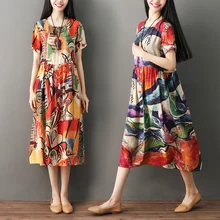 #0431 verano Vintage vestido de las mujeres de manga corta Floral impreso Retro suelta de cintura alta plisado una línea vestidos de las señoras O cuello