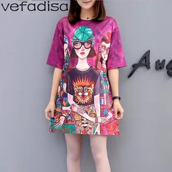 

Vefadisa Cuty Girls Print T-Shirt Women Soft Mid Sleeve T-Shirt O-Neck Pullover Long T-Shirt Dress Streetwear Dress ZLD459