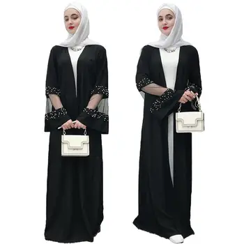 

Black Abaya Dubai Kimono Kaftan Muslim Long Cardigan Maxi Dress Ramadan Jilbab Beading Mesh Flare Sleeve V-neck UAE Oman Dresses