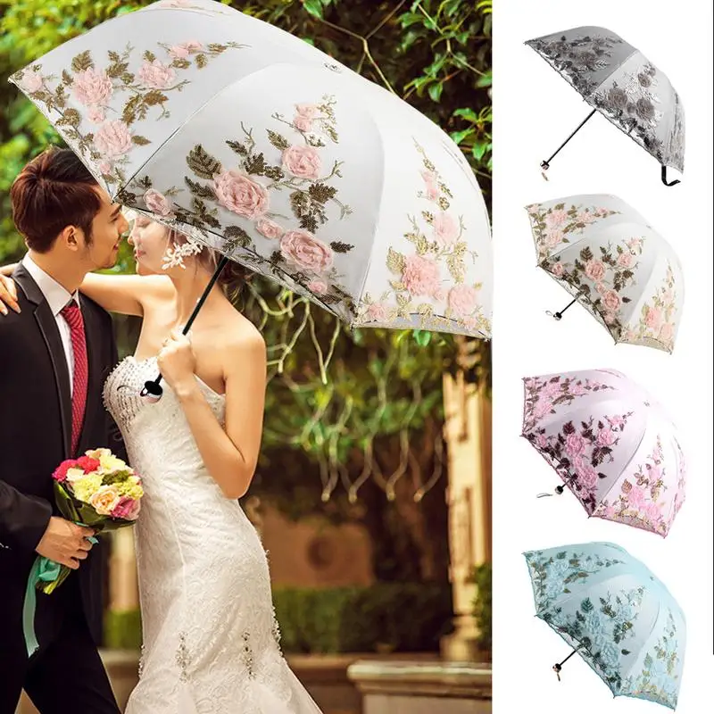 

Tri-Fold Double-Layer Embroidery Flower Lace Umbrella Anti-Sun Parasol Black Plastic Anti-UV Umbrella