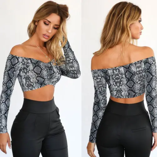 

2019 New Sexy Slash neck Women Crop Top Off Shoulder T-shirt Snake Skin Clothes Long Sleeve