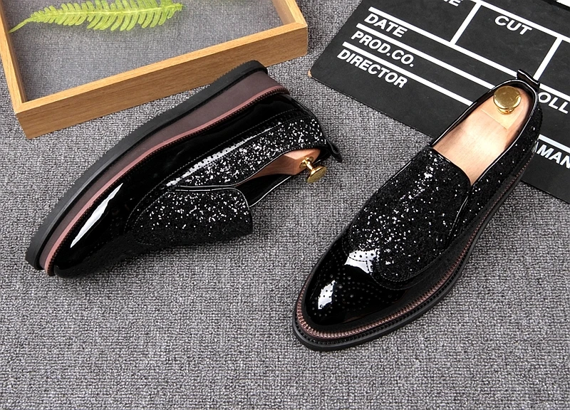 

Gold Black Bling Bling Mens Performance Dress Wedding Party Platform Shoes Slip On Male Fashion Autumn Runway Casual Shoes