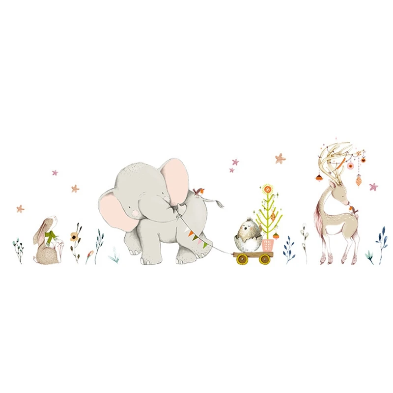 

Cartoon Forest Flowe Elephant Rabbit Giraffe Animal Wall Stickers Kids Room Decoration Vinyl Wallpaper Baby Bedroom Wall Decal