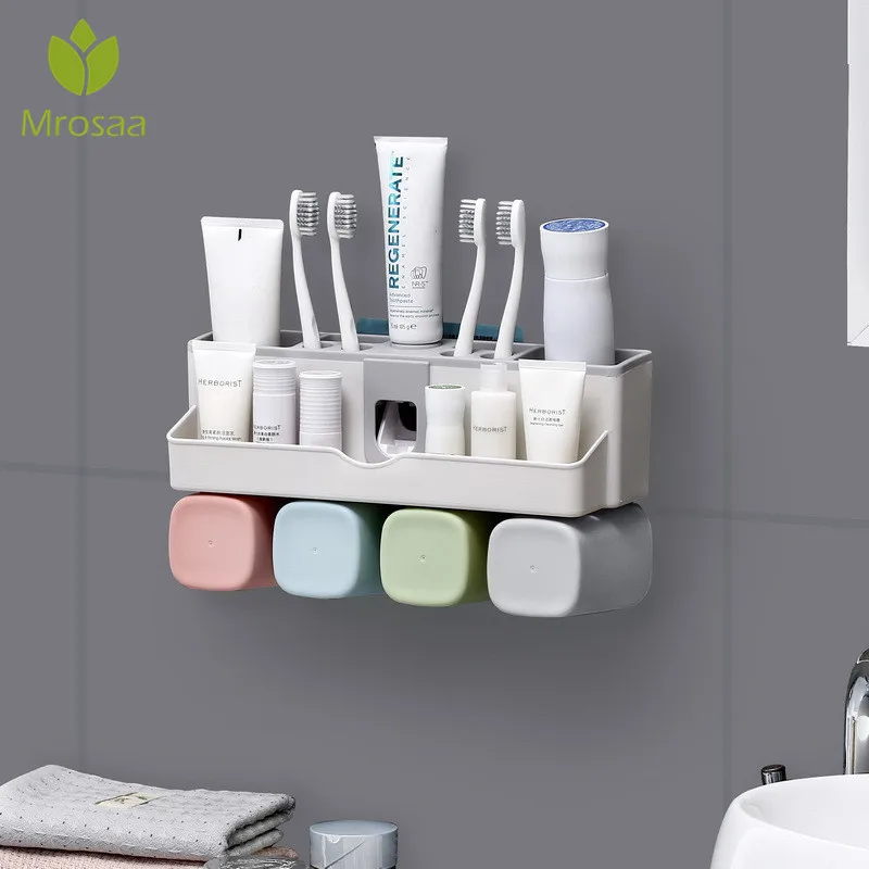 

Hot Bathroom Storage Automatic Toothpaste Dispenser Squeezer Toothbrush Holder with Cups No Nail Wall Stand Shelf Organizer