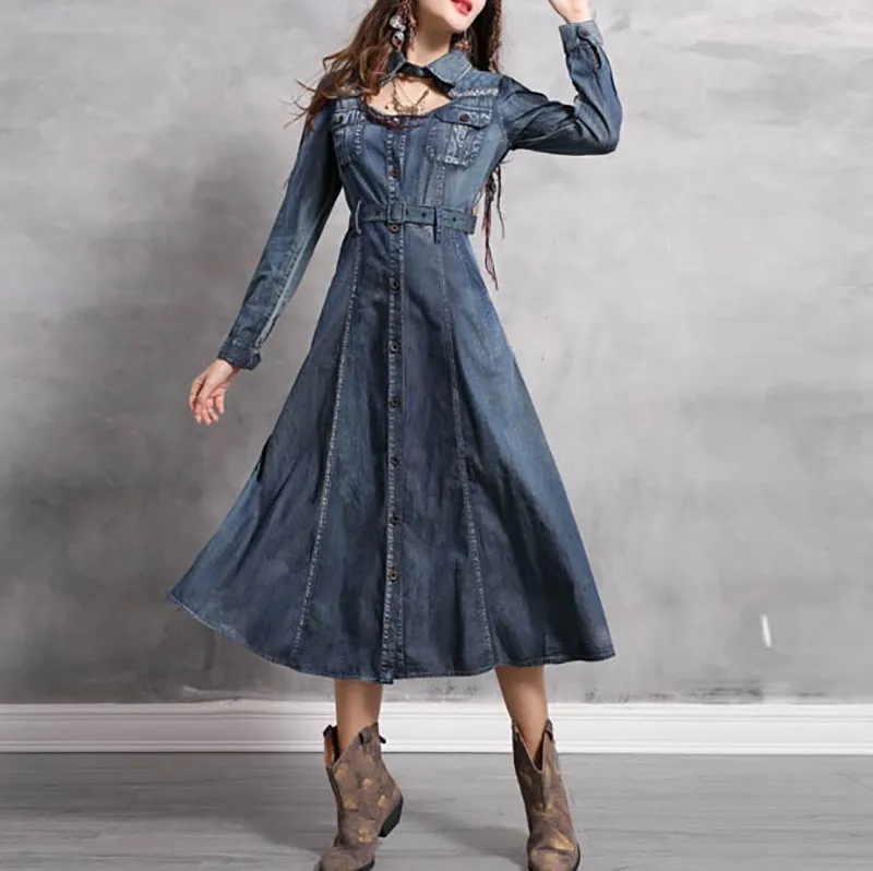 

[YaLee] New Fashion Spring Summer Blue Belts Laple Long Sleeve Single Breasted Splice Pocket Loose Denim Dress Women Y482
