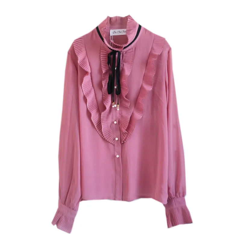 

Summer 2019 Sweet Pink Women Chiffon Blouses Shirt Runway Ruffles Pearls Long Sleeve Female Formal Blouse Tops Clothes