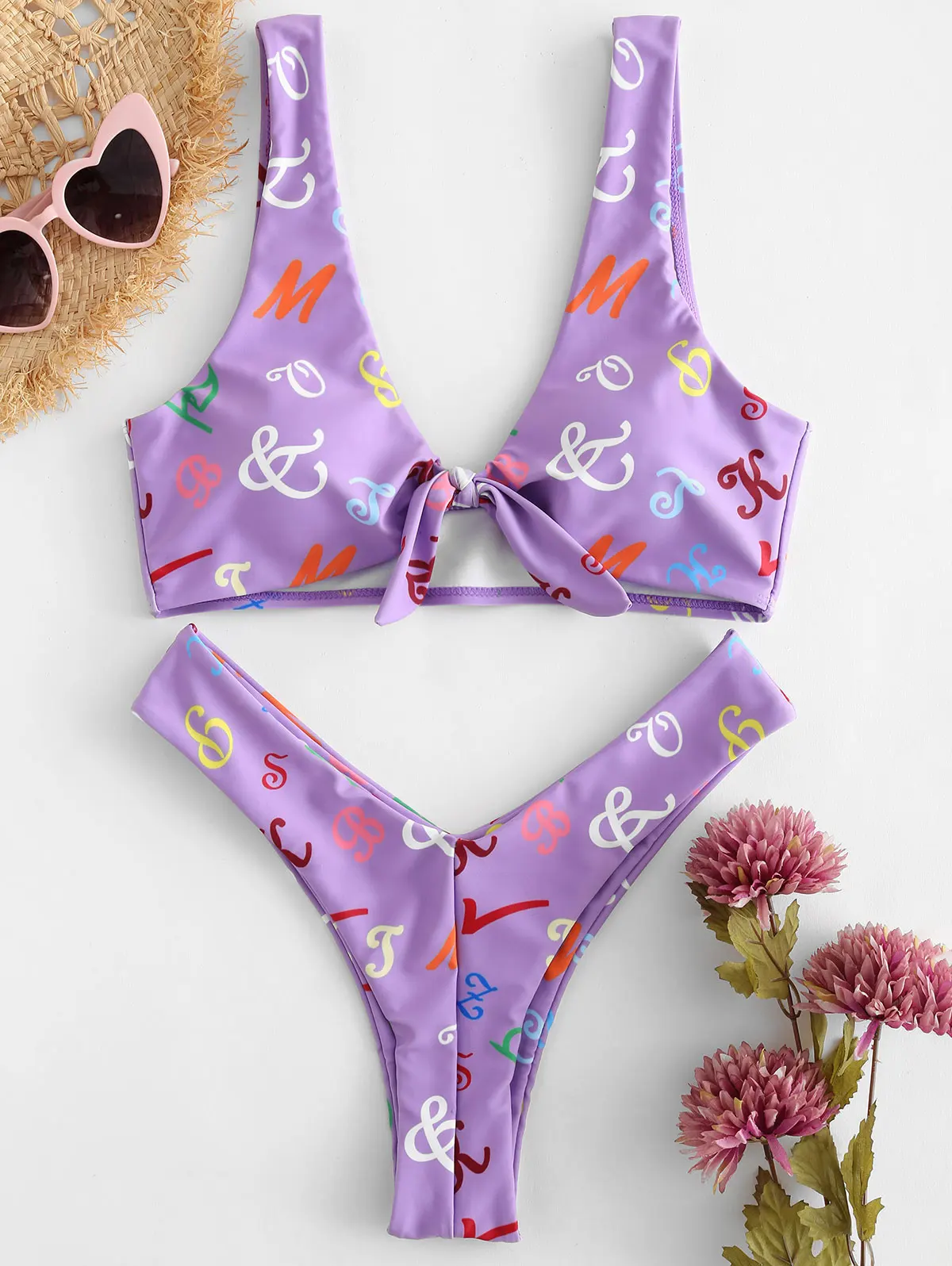 

ZAFUL Cute Knotted Letter High Leg Bikini Set Plunging Neck Padded Wire Free Cheeky Bikini Two Pieces Summer Beach Wear