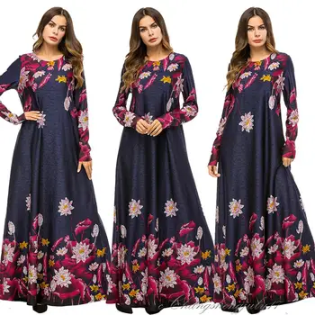 

Women Flower Printed Long Maxi Dress Vintage Muslim Abaya Robe Kaftan Gown Loose Islamic Clothing Loose Ramadan Ankle-Length New