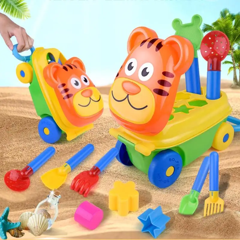 

1set Kids Beach Pretend Role Play Toy Kit Cartoon Tiger Shape Trolley Sand Beach Pretend Play Toys Spade Storage Case