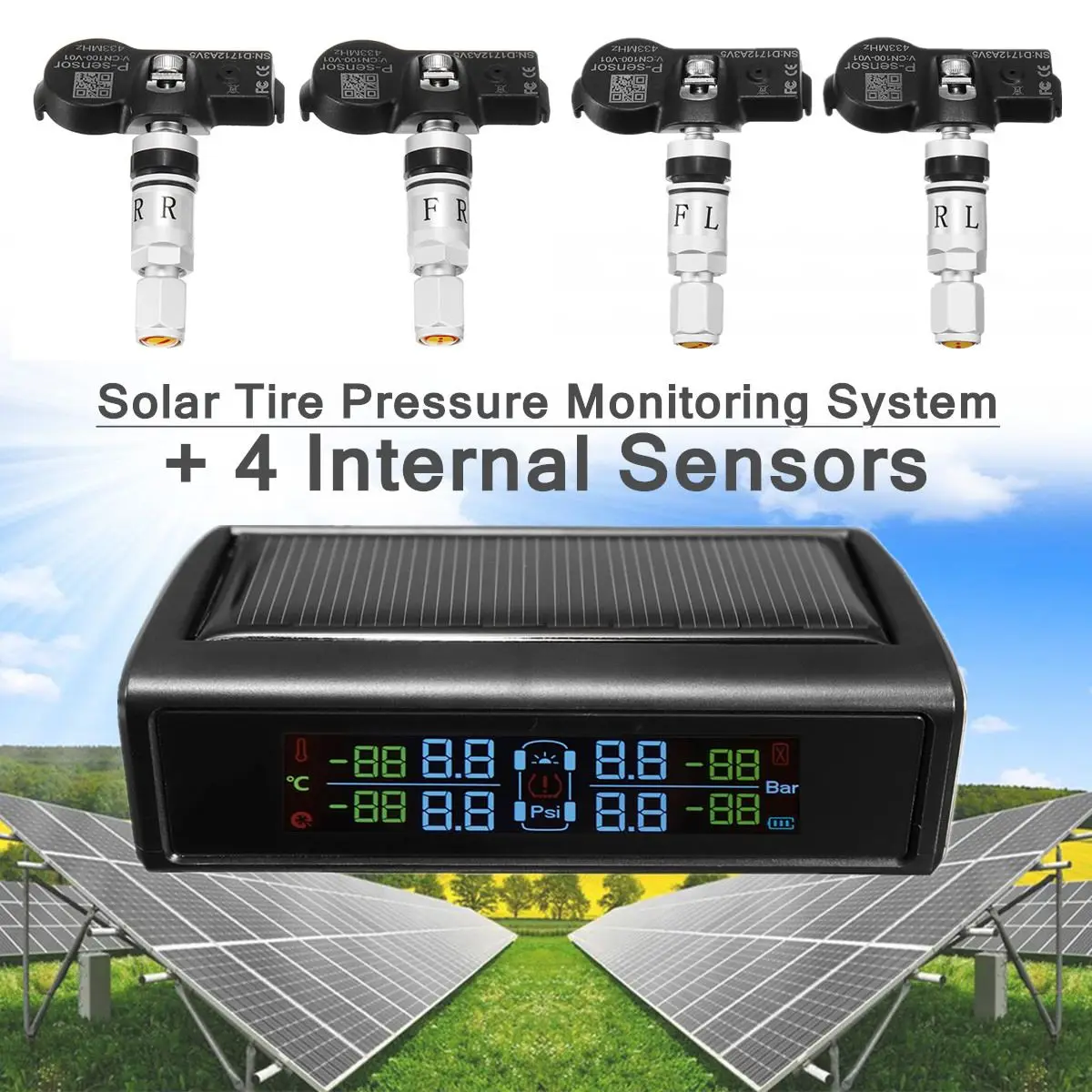 

Car TPMS Tire Tyre Pressure LCD Monitor System 4 Internal Sensors Solar Real-Time Monitor Auto Alarm Abnormal Solar USB Charging