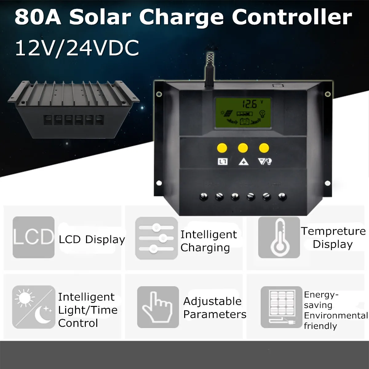 

80A Solar Charge Controller 12V 24V 1920W MAX PWM Charging Mode Auto PWM Battery Charger Regulator ABS Short-circuit Protection