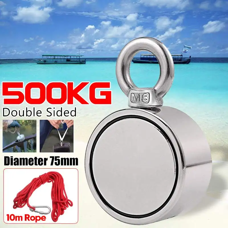 

500KG Double-sided Powerful Round Neodymium Magnet Hook Salvage Magnet Sea Fishing Equipments Holder with Ring and 10M Rope