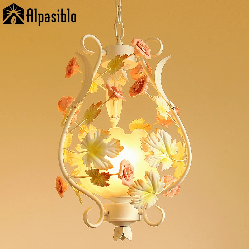 

Rose chandeliers glass lampshade rustic aisle light indoor lighting led corridor lamp Pink Rose and leaves Korean country style