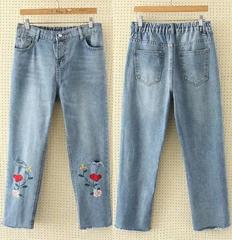 

2019 Women High Waist Hole Pencil Jeans Fashion Embroidery Flowers Denim Pants Pockets Plus Size Solid Casual Trousers