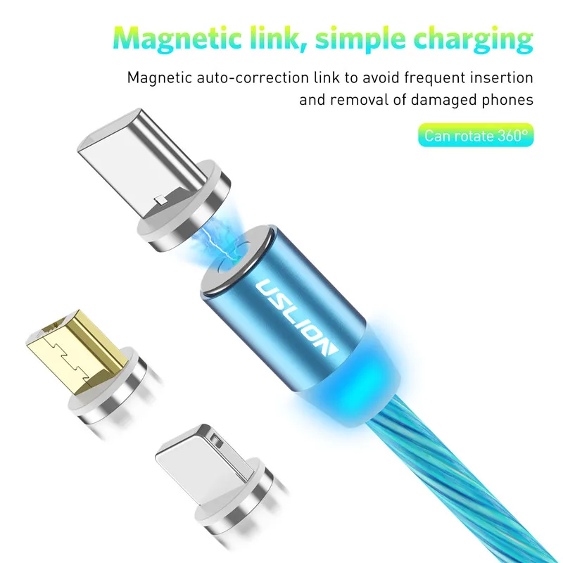 USLION светодиодный светящийся Магнитный usb кабель для iPhone Huawei Samsung USB Type C и Micro