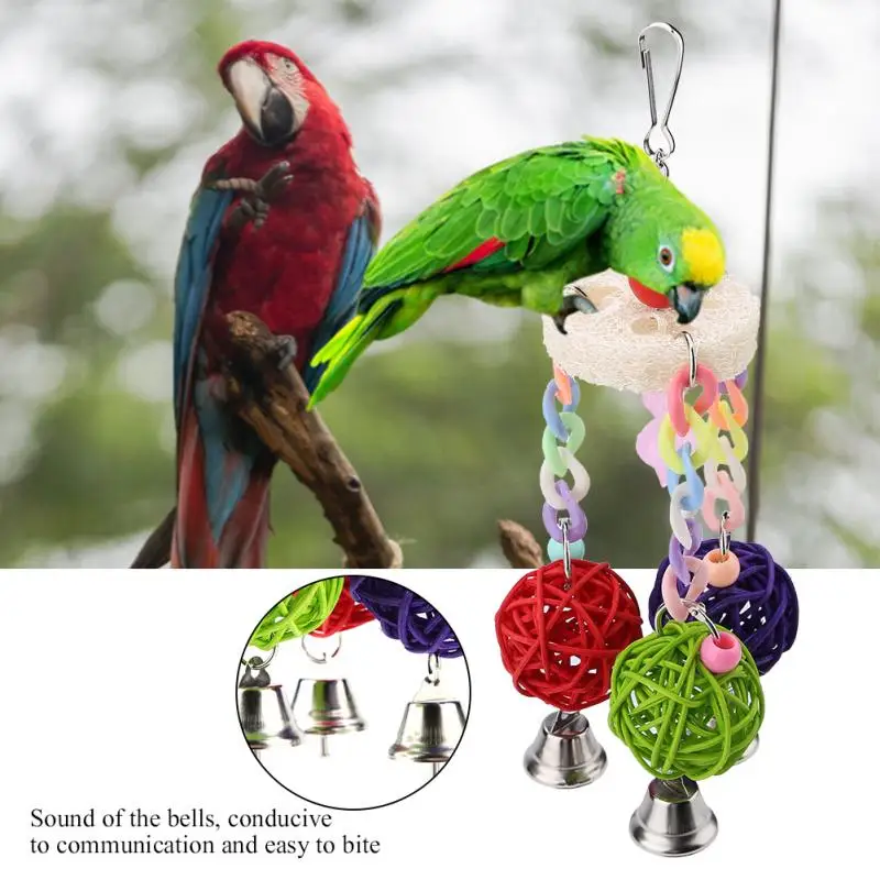 Colorful Wooden Toy Loofah Rattan Bird Chewing Swing Toys with 3 Bells