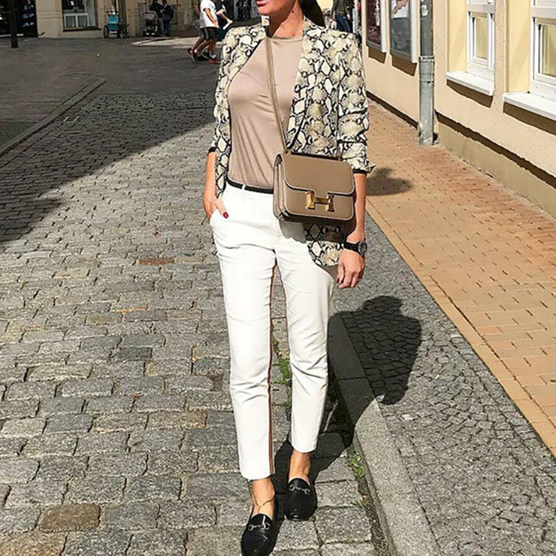 2019 المرأة الأفعى طباعة السترة السيدات معطف جاكيتات بدلة طويلة الأكمام قمم قميص زي عارضة الخريف أزياء ربيع جديد بيع