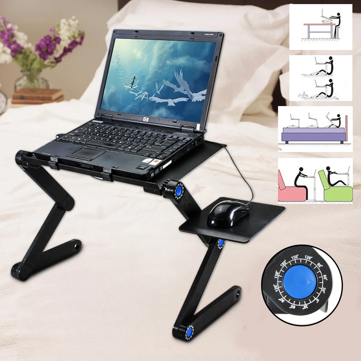 Portable 360 Folding Laptop Desk Computer Table 2 Holes