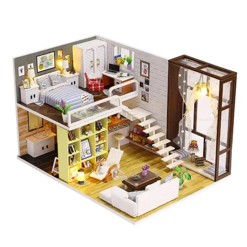 DIY Wooden Miniature Dollhouse Assembly Building Toy Dollhouse Miniatures DollHouse Kits